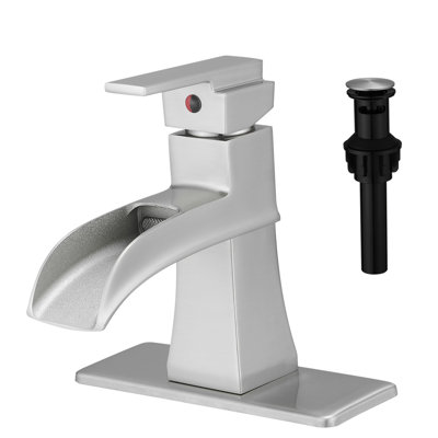 Robinet de lavabo de salle de bain à un trou, bec cascade, nickel brossé, plaque de pont, drain escamotable, conduites d'alimentation, robinet de robinet de robinet d'eau chaude et froide avec finition nickel, poignée, conception géométrique