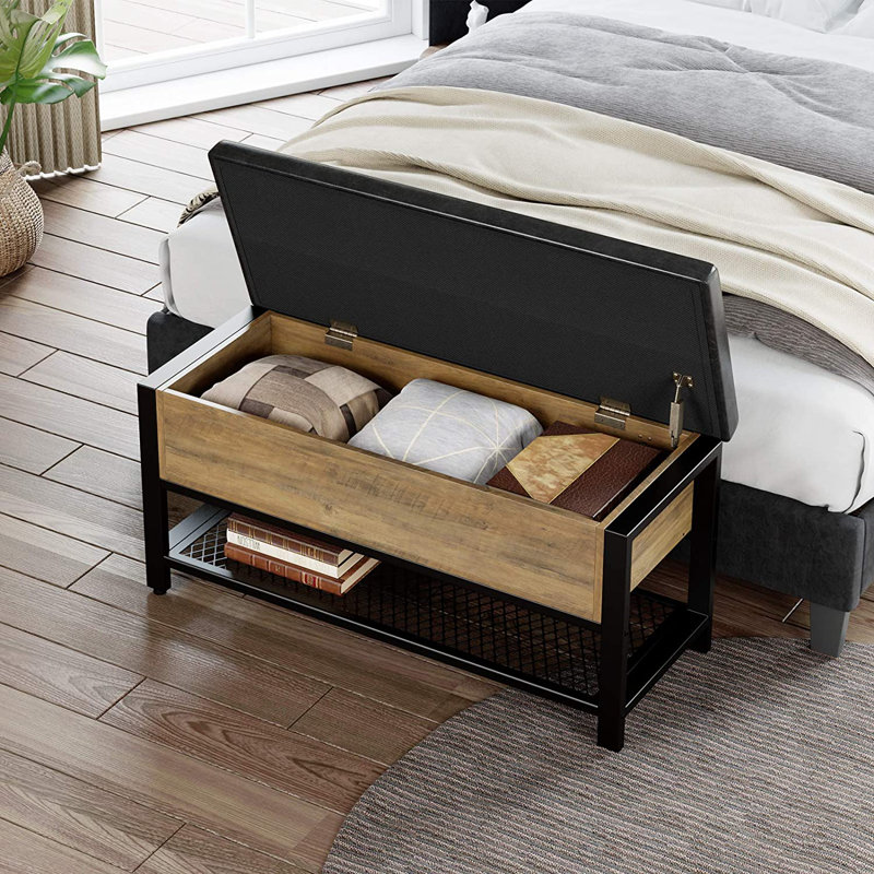 Banc avec rangement, banc à chaussures long avec dessus rabattable, siège rembourré en cuir et tablette inférieure en acier pour couloir