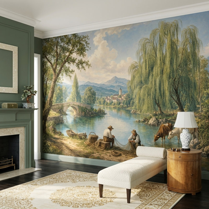 Papier peint paysage pastoral, scène de rivière, pont de pierre, fresque murale, 180"x120", Peel and Stick