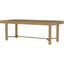 Table de salle à manger rectangulaire autoportante de style rustique-moderne côtier, avec tréteau en laiton antique et 8 places assises. Extension en bois d'hévéa brun. Coins arrondis. Capacité : [à compléter].