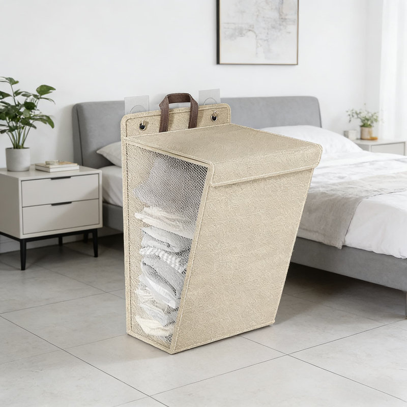 Two Medium-Sized Beige Pieces,Foldable Laundry Hamper Basket For Home, Bathroom, Dorm - Multi-Functional Storage Organizer With Wall Mount Option, Made Of Breathable Linen Cotton Blend