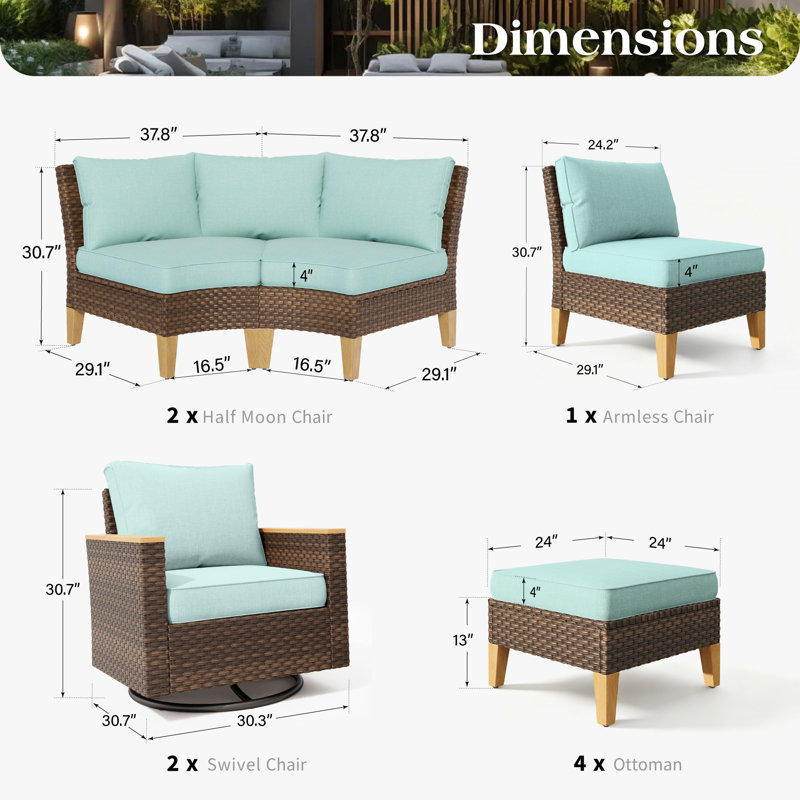 Ensemble de conversation d'extérieur en osier avec chaises pivotantes, Non, 7 Pcs: Sectional, 2 Chairs, 4 Ottomans