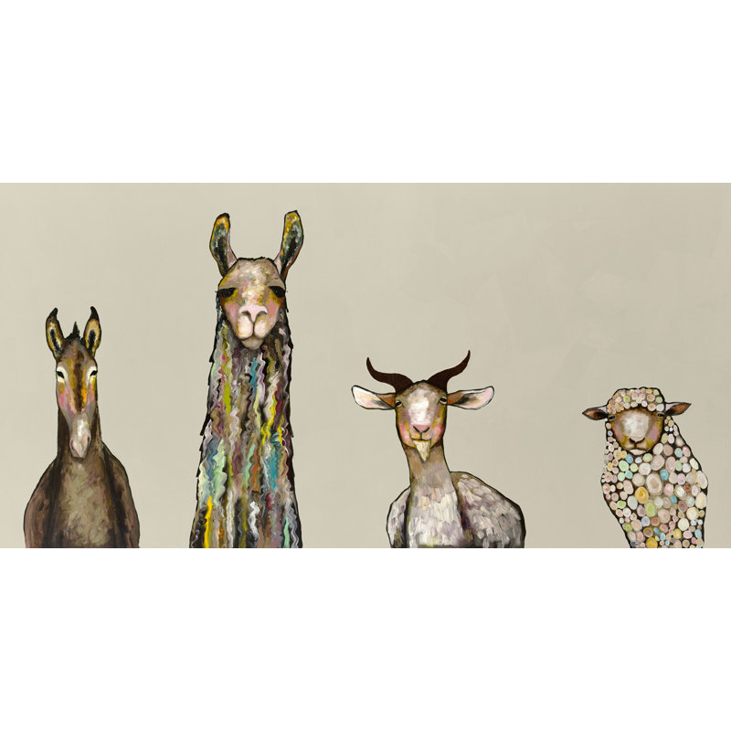 « Donkey, llama, Goat, Sheep » par Eli Halpin, Reproduction d’art sur toile, H 12 po x l 24 po, Toile tendue, Sans cadre