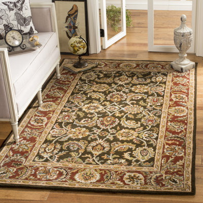 Tapis oriental en laine touffeté à la main à motif oriental olive foncé / rouge Alg