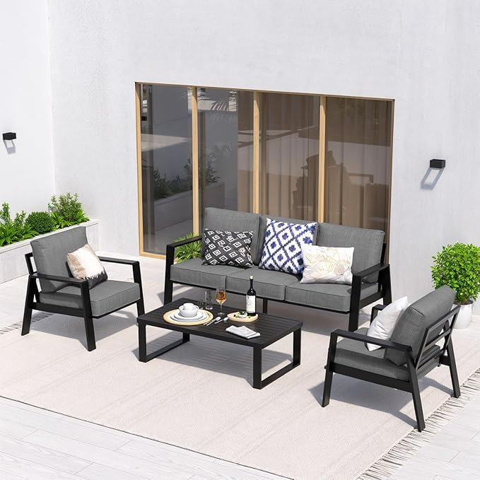 Ensemble de conversation moderne pour l'extérieur avec canapé à trois places et table basse, Gris foncé