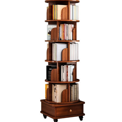 360 Rotating 6 Tier Wood Corner Bookshelf With Wheels, Walnut Brown Organizer For Primary Living Space, Assembly And Super Large Capacity Shelves Upgraded Bedroom, Room, Study Smooth Rotation Open
