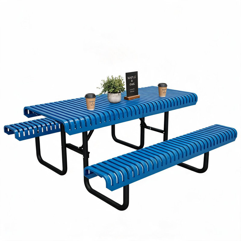 Tables de patio en métal bleu de qualité commerciale, table de salle à manger moderne en acier pour 6