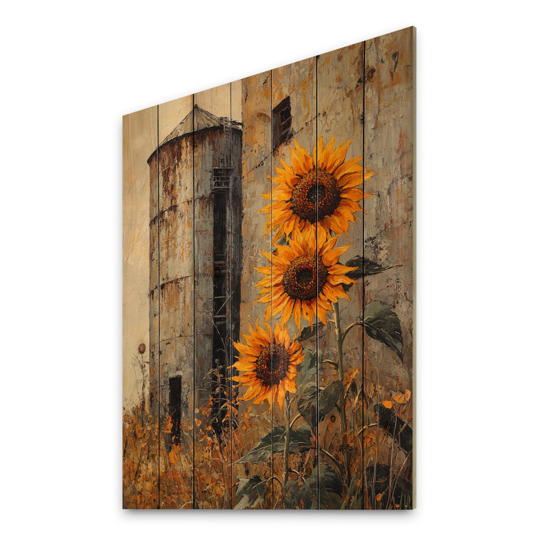 Farm Sunflowers Around The Silo III - Sunflowers Wood Wall Decor - On Natural Pine Wood, 44" H x 34" W x 0.78" D