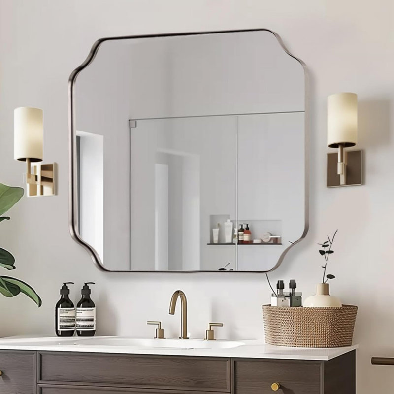 Miroir de salle de bain Modern Cadre en acier inoxydable, Nickel brossé, 30 po x 30 po
