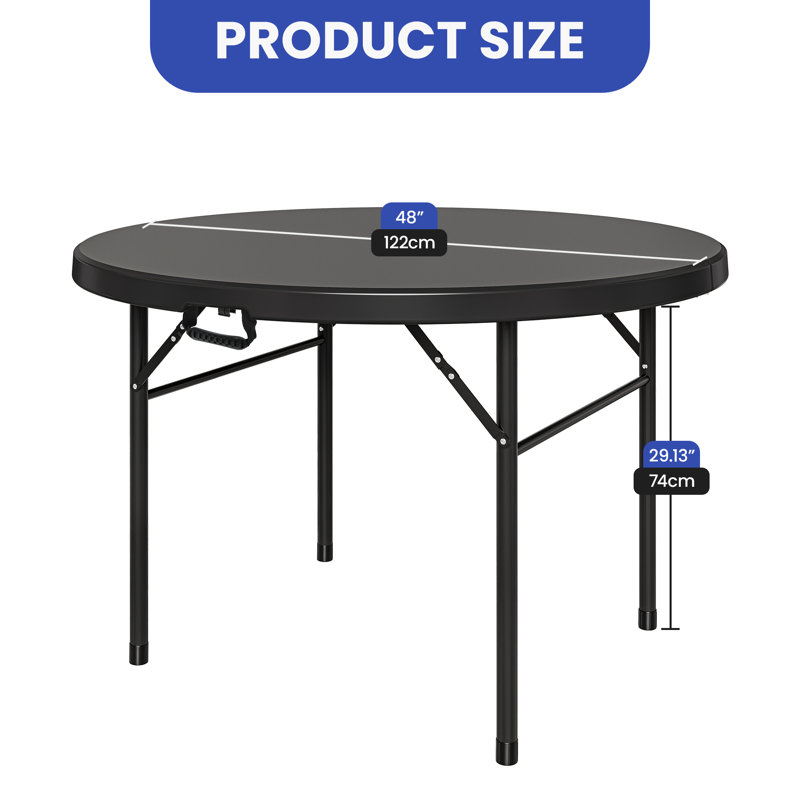 Fathmah Circle 48" Round Foldable and Portable Table with Handle, Black, Black