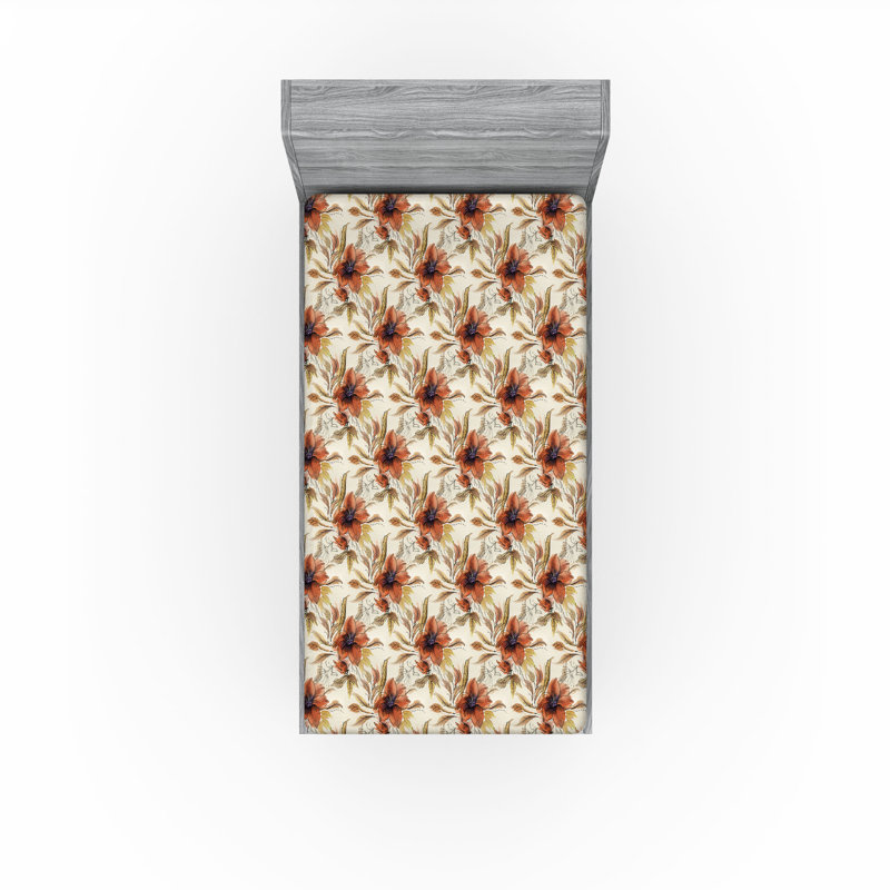 Ambesonne Nature Fitted Sheet Leaves Botanical Style Art, Twin Fitted Sheet, Cinnamon/Pale Khaki/Beige Floral