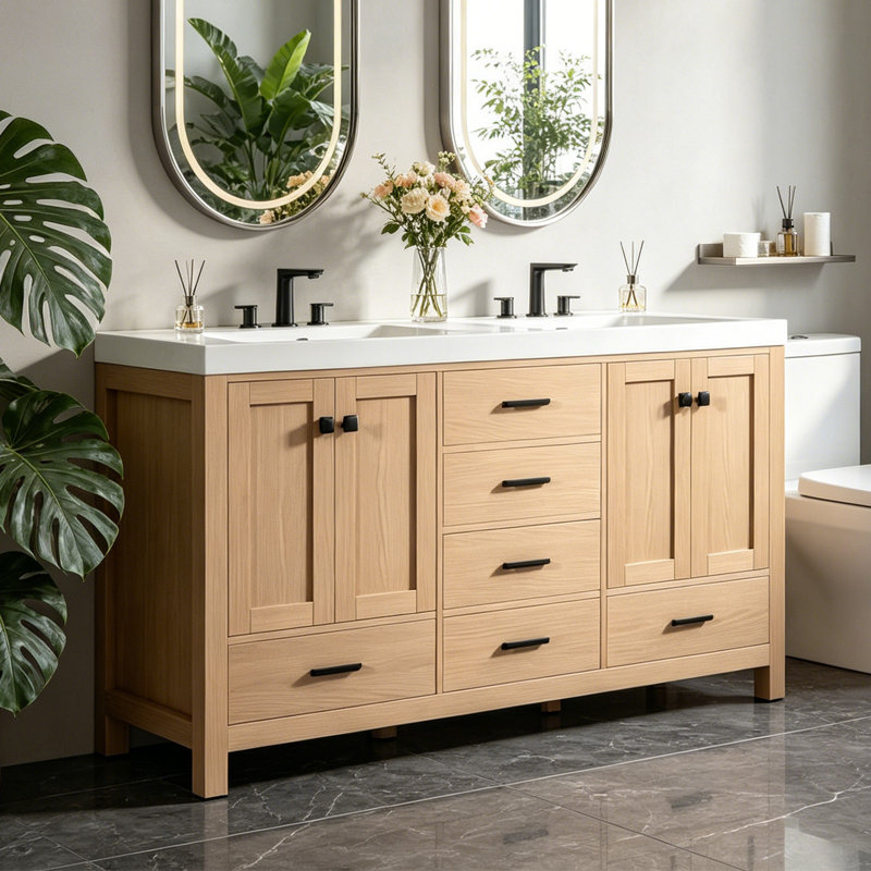 59.3" Double Bathroom Vanity With Solid Wood Frame & Smc Sink