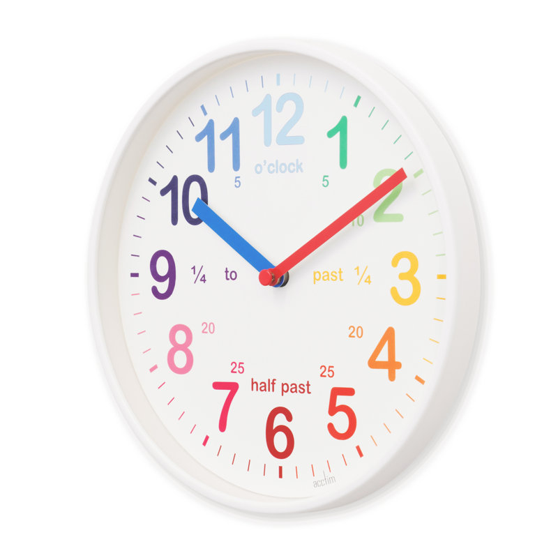 Acctim Wickford Kids Teaching Wall Clock Quartz Rainbow Dial Quarter Markers 20cm, White
