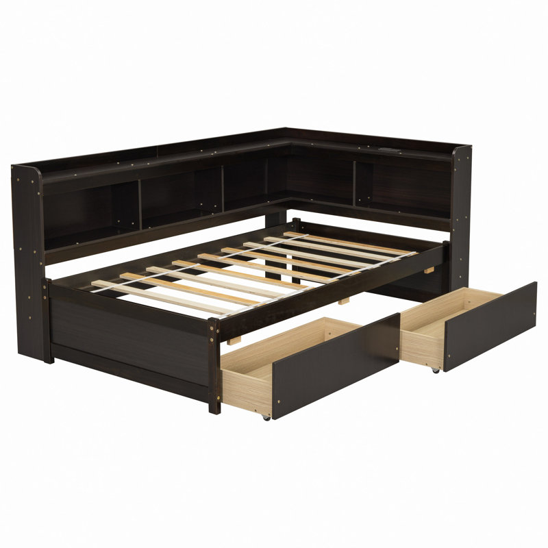 Lit en forme de L avec bibliothèques avec prises de courant, ports de chargement USB, deux tiroirs, Lit simple