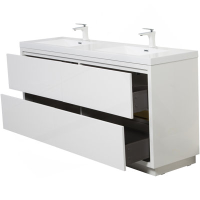 Meuble-lavabo sur pied 72 po avec lavabo, meuble-lavabo avec comptoir en résine de pierre et tiroirs à fermeture en douceur, blanc brillant