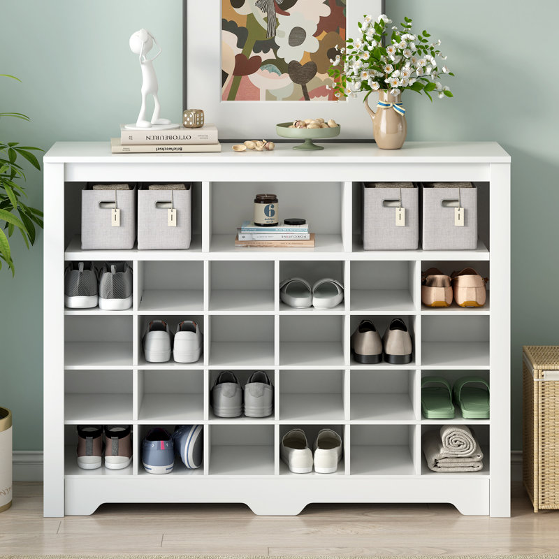Range-chaussures, console à 24 casiers au design élégant ON-TREND, armoire à chaussures moderne avec base incurvée, buffet polyvalent de haute qualité pour couloir, chambre à coucher, salon, blanc