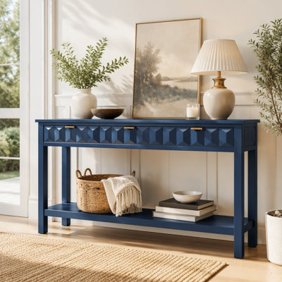 Table d'entrée 58,3 po en placage de sapin avec façades en nid d'abeille, console moderne et élégante avec 3 tiroirs et pieds en sapin massif, convient au salon, au vestibule, au couloir, au bureau, au vestibule