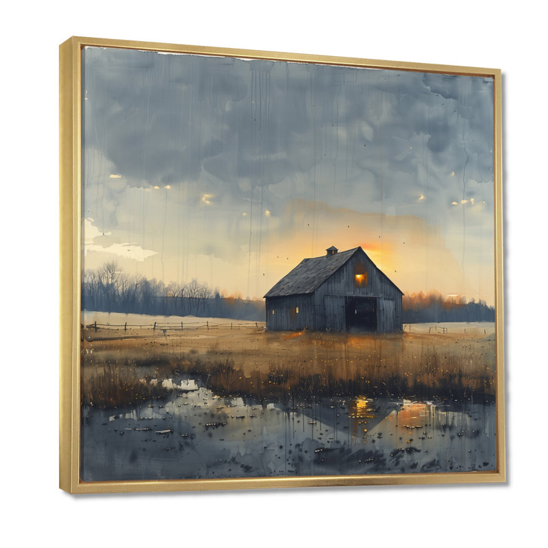 «Yellow Autumn Barn Golden Hour IV», reproduction d'art mural grange, Toile avec cadre flottant or
