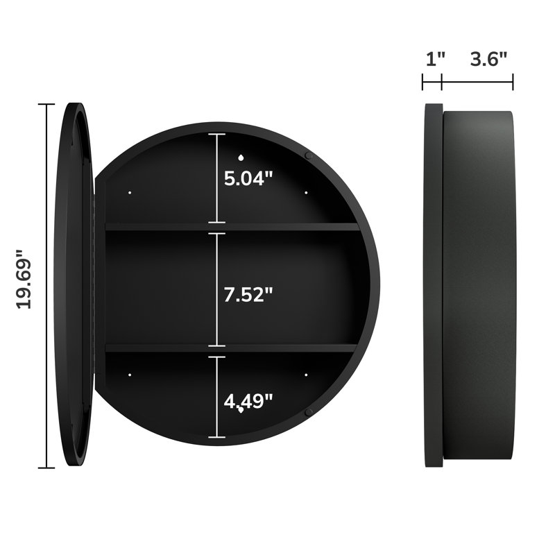 Gervon Round Wall Mounted Medicine Cabinet with Shelves, Black, 20" H x 20" W x 6" D