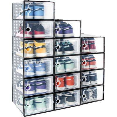 Paquet de 15 boîtes de rangement pour chaussures empilables transparentes, organisateur de chaussures pliable avec couvercles pour placard, entrée, chambre à coucher, conception de ventilation, robuste