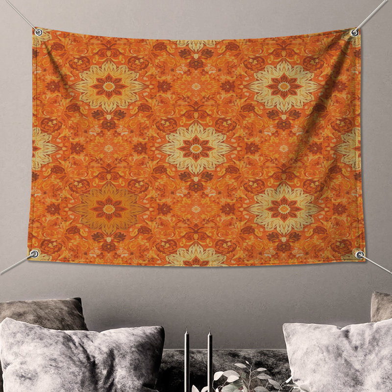 Tapisserie murale mandala floral orange, 104 po H x 88 po avec 4 œillets