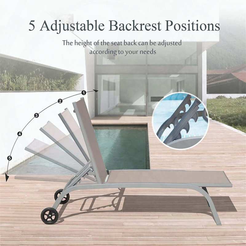 Chaise Lounge Set of 2 with Wheels and 5 Adjustable Positions, Khaki