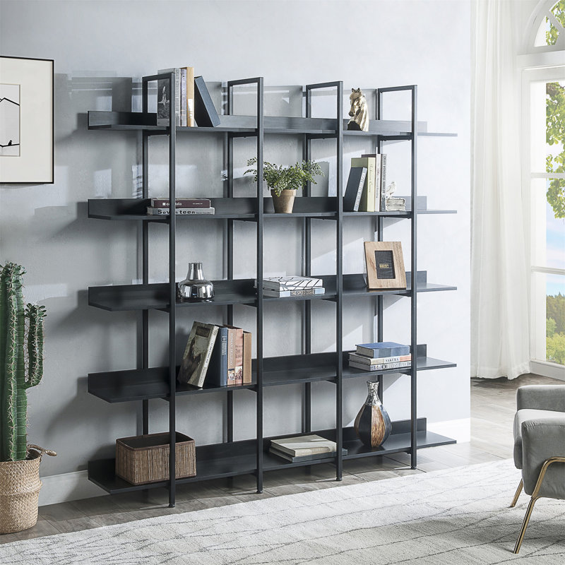 Bibliothèque ouverte à 5 niveaux avec structure en métal et tablettes en panneau de fibres à densité moyenne pour le rangement du bureau à domicile et du salon.