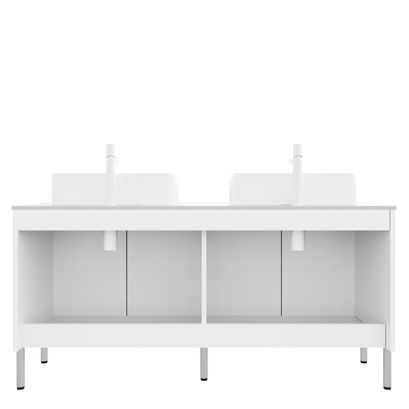 Meuble-lavabo 60 po, blanc, lavabos rayés en céramique, comptoir blanc, 4 portes, clapet à fermeture en douceur, style romantique français, grand espace de rangement, design moderne, armoire à panneaux de particules de haute qualité, portes