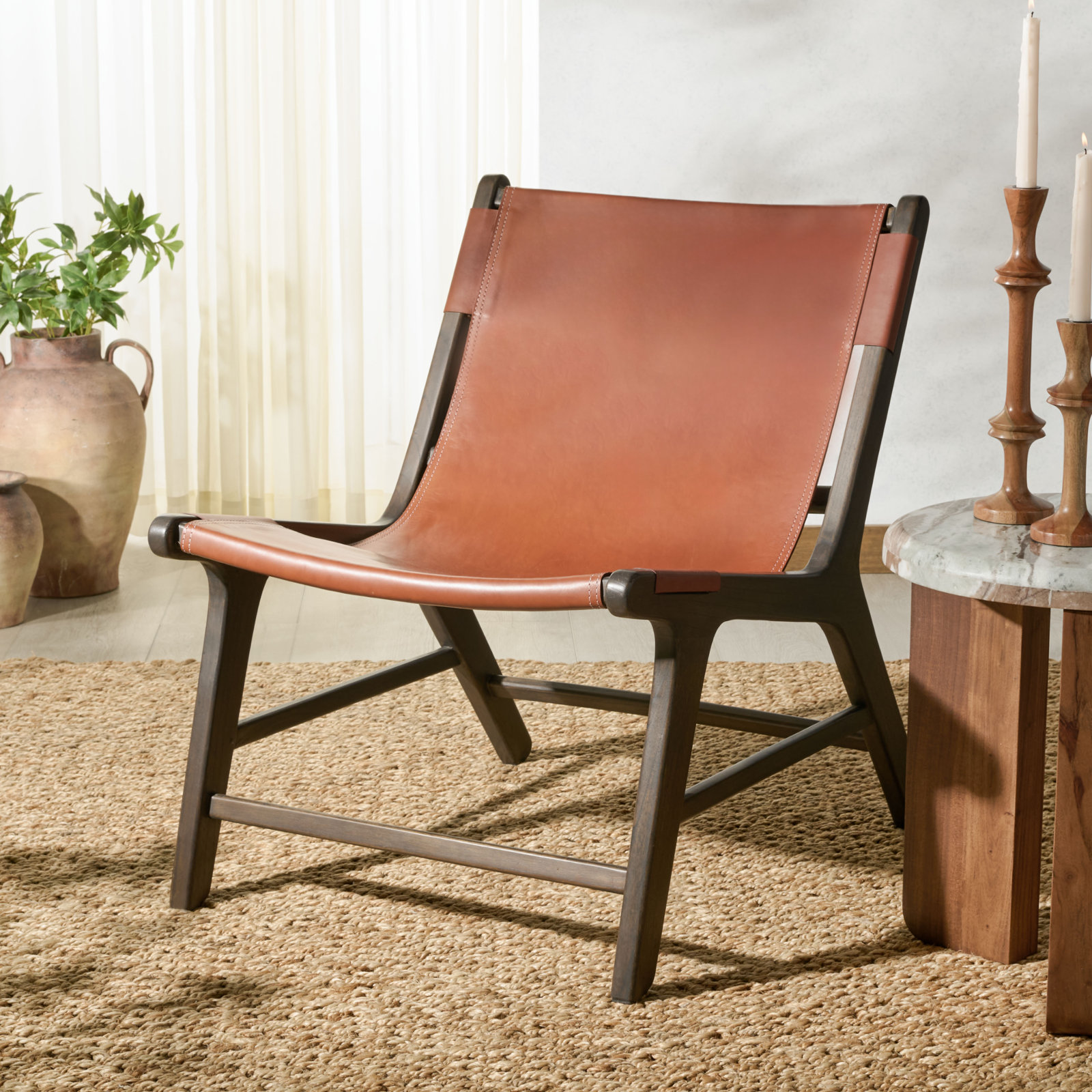 Kizzy Leather Accent Chair, Walnut, Brown Leather