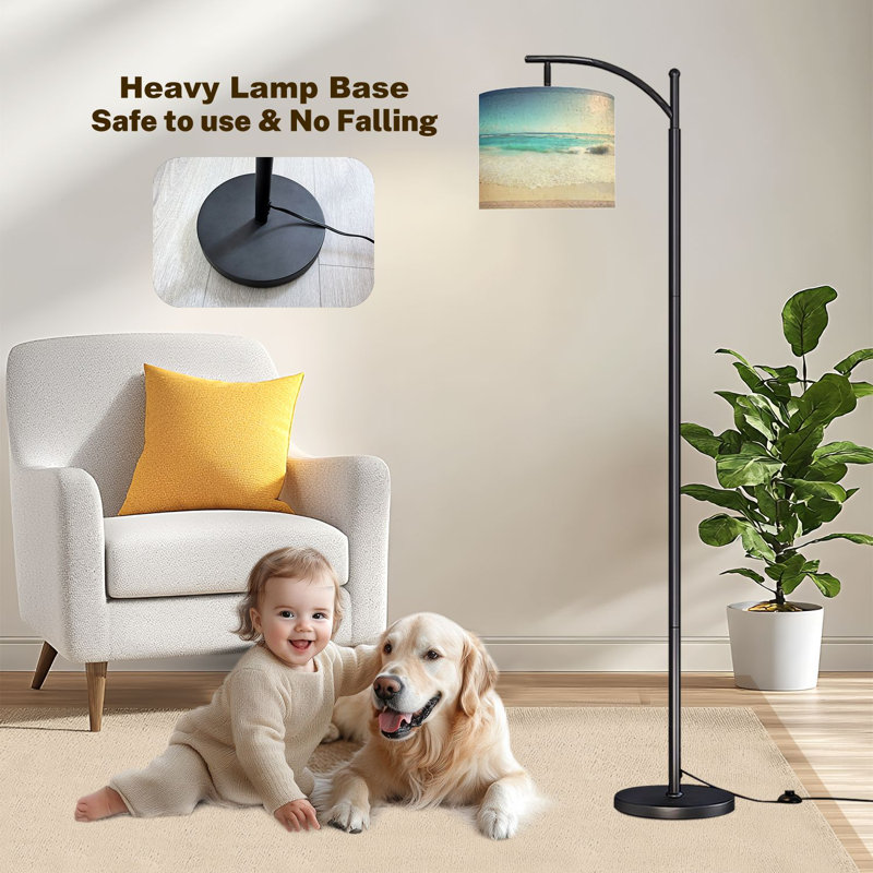 Lampe sur pied en arc, scène de plage montrant des lampes sur pied de sable et de ciel avec télécommande DEL, abat-jour réglables, grandes lampes debout pour le bureau de lecture, salon