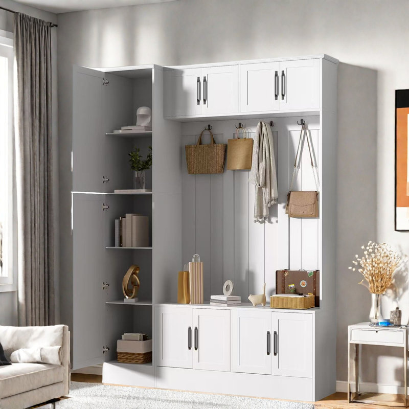 4-in-1 Tall Modern Hall Tree With Shoe Storage,  Cabinets, Coat Hooks, Metal Handles And Adjustable Shelves, White