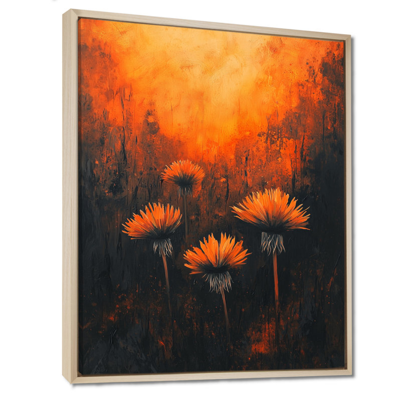 «Inferno Dandelion In Orange And Black Symetry», art sur toile pissenlit, H 32 po x l 16 po, Reproduction avec cadre flottant