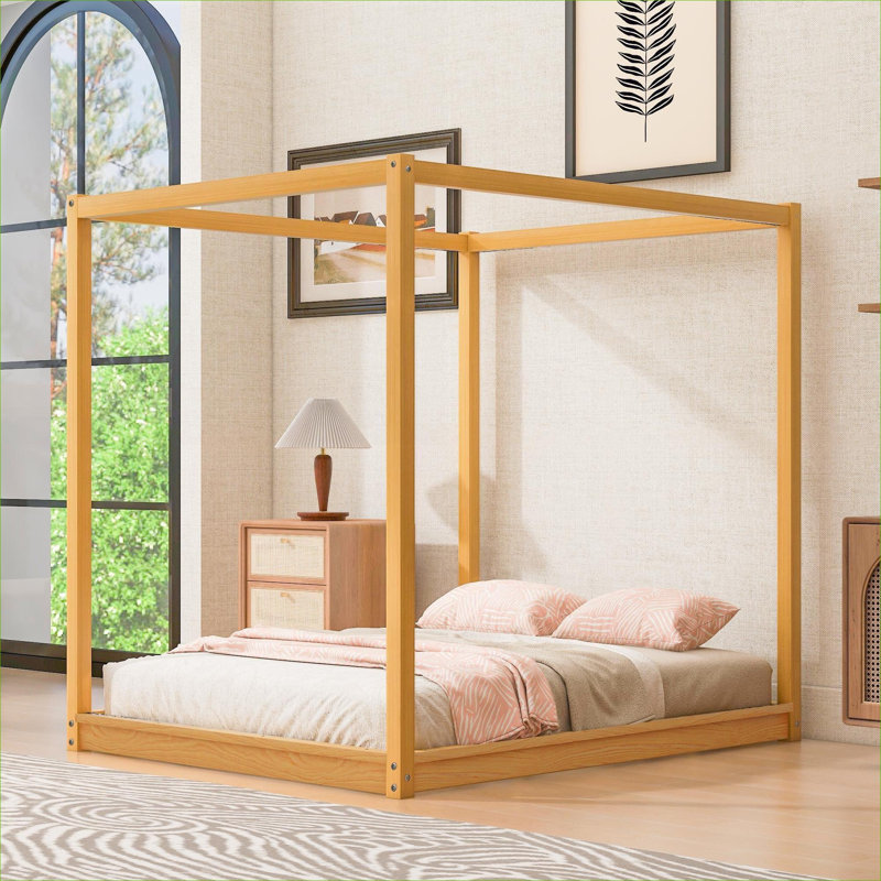 Solid Pine Queen Size Canopy Platform Bed, Modern Natural-Toned Bedroom Frame with Support Legs