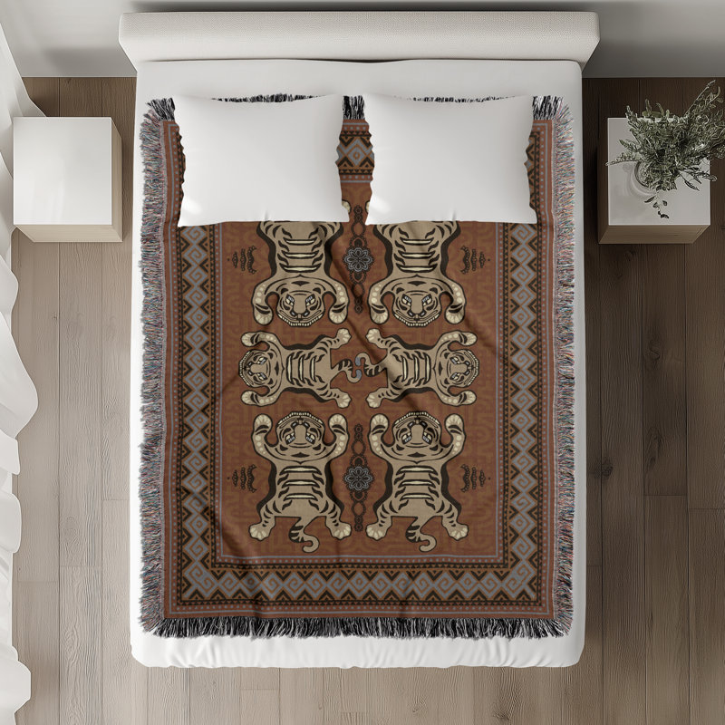 Jeté en mélange de coton Voha, Orange / beige / orange brûlé, L 60 po x l 50 po