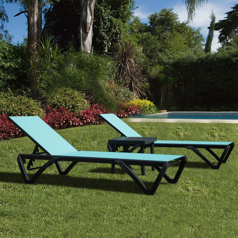 3 Piece Outdoor Metal Chaise Lounge with Table Set