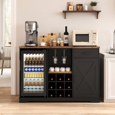 Black Fluted Bar Cabinet with Built-in 92L Mini Fridge & All-in-One Coffee Station 