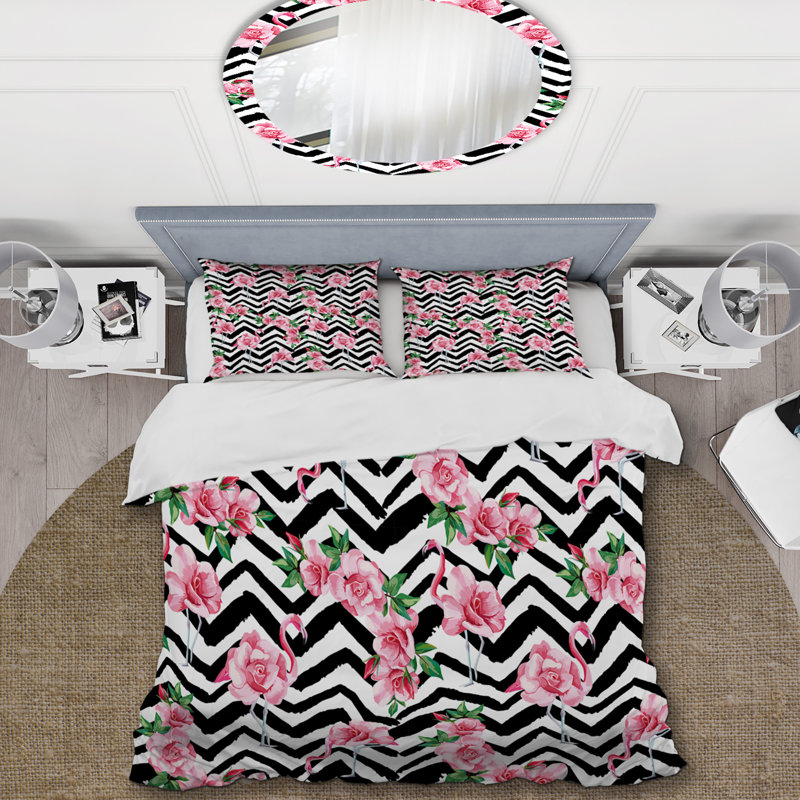 Roses roses et feuille verte - ensemble de housse de couette floral - microfibre de polyester