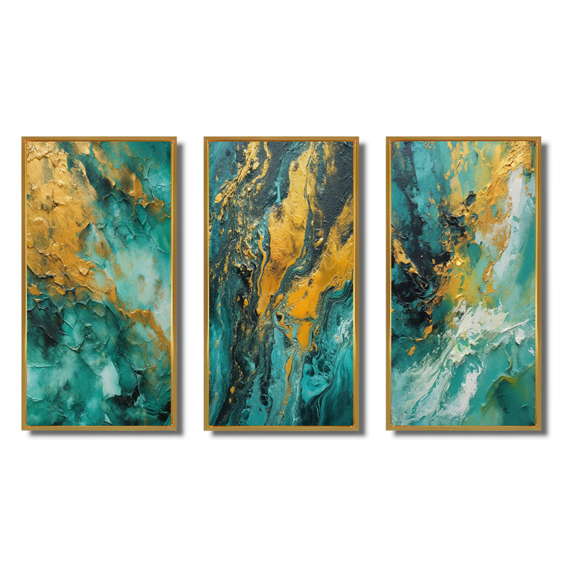 Golden Turquoise Waves Breaking Abstract - formes abstraites, ensemble de 3 pièces, Cadre flottant doré, H 28 po x l 36 po