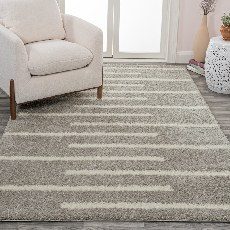 Colline Berber Stripe Shag Gray/Ivory Rug, Rectangle 5'1" x 8'