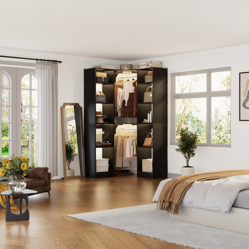 39" × 39" Large Corner Closet System With 12 Shelves & 2 Hanging Rods, Black