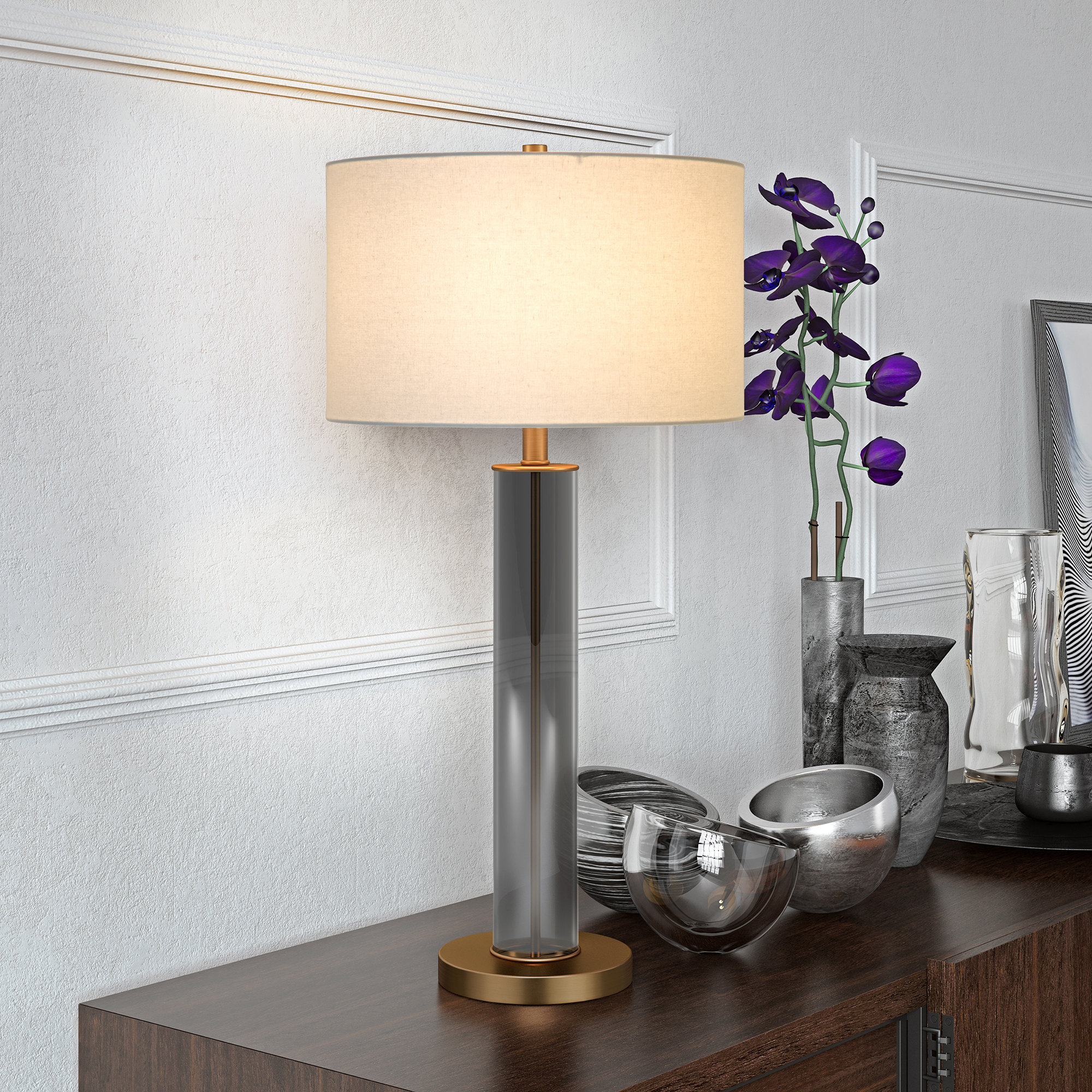 Skye Table Lamp, Gold/Clear, White