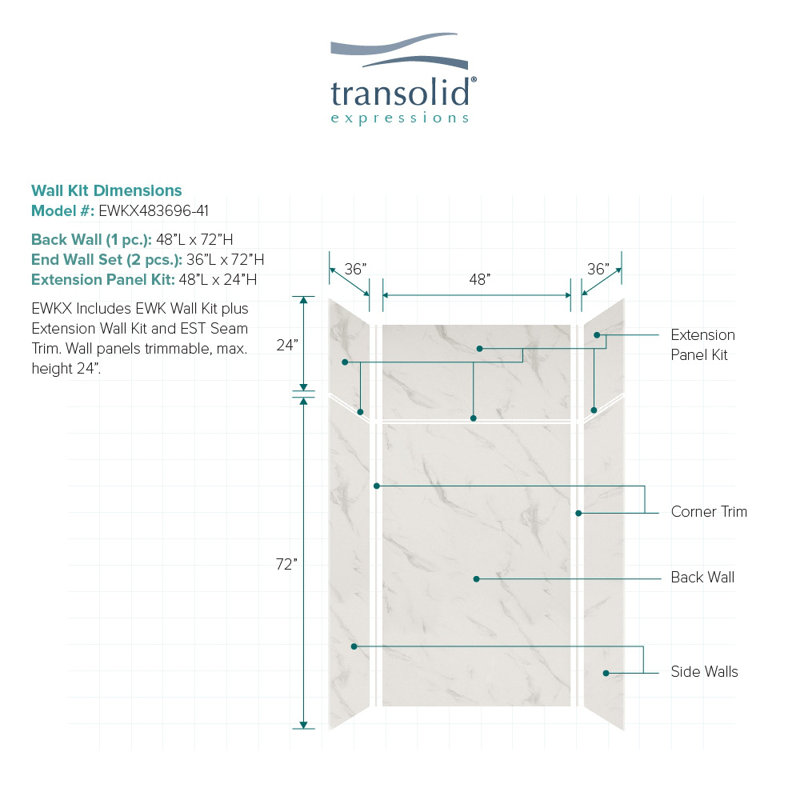 Expressions 6 Panel Shower Wall, Bianca, 72" H x 48" W x 36" D