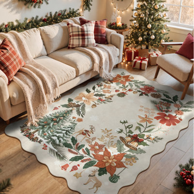 Tapis floral beige lavable à bordure festonnée pour tapis de chambre à coucher antidérapant