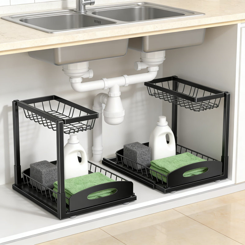 Tiroir de rangement sous l'évier, ensemble de 2 tablettes de rangement en forme de L pour armoires de cuisine et de salle de bain avec structure en acier robuste, assemblage facile sans outils
