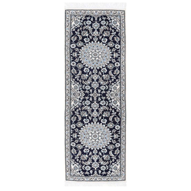 Tapis de couloir Nain en soie et laine noués à la main bleu marine 2 pi 1 po x 6 pi 7 po