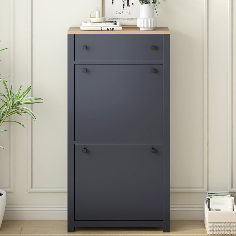 Entryway Organizer With 2 Flip Drawers, Wood Grain Pattern Top Shoe Cabinet With Drawer, Free Standing Shoe Rack With Adjustable Panel