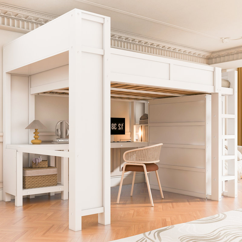 Wood Queen Size Loft Bed, Built-In Desk And Wardrobe, Storage Headboard With Charging Station, Modern Farmhouse, Kids Bedroom