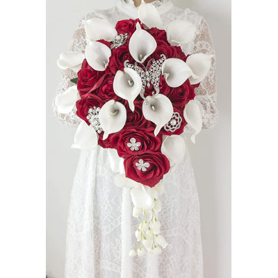 Calla Lily and Rose Cascading Bride Bouquet Waterfall Wedding Flower with Jewelry Décor