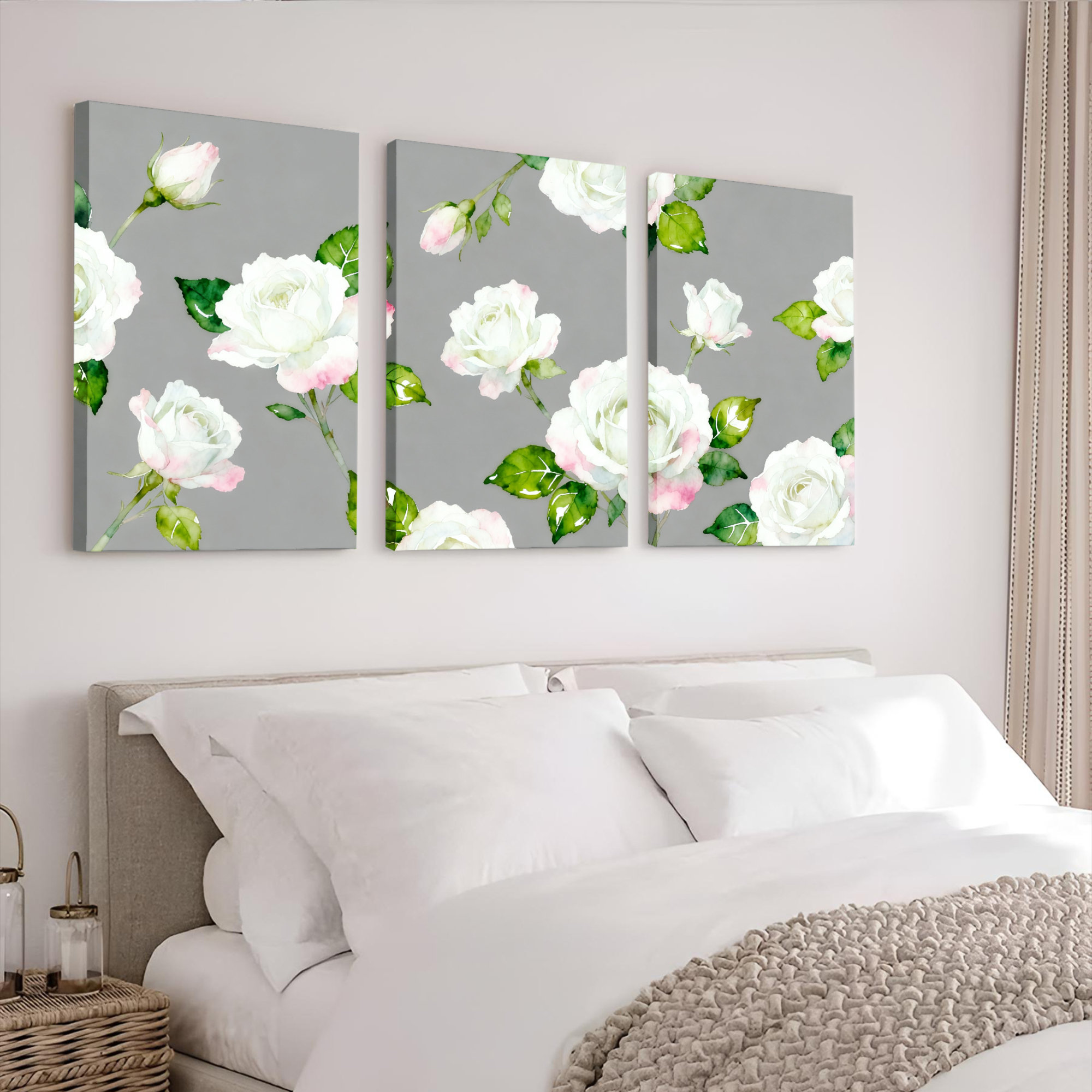 Lark Manor White Roses with Green Leaves Floral Canvas Wrapped Wall Art ...