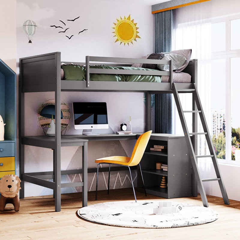 Lit mezzanine simple gris avec tablettes et bureau, option de mobilier, fabrication en bois de pin, espace de travail polyvalent avec support de matelas respirant, rehausser la disposition de votre chambre et dormir confortablement